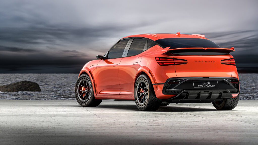 A concept performance version of the incoming GV60 Magma. Finished in a bright orange colour, additional features include a large rear spoiler and updated wheels.